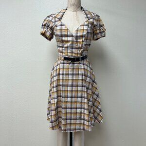 NWOT Deadstock 2000s Plaid Retro Metallic Belted Wrap Dress Medium